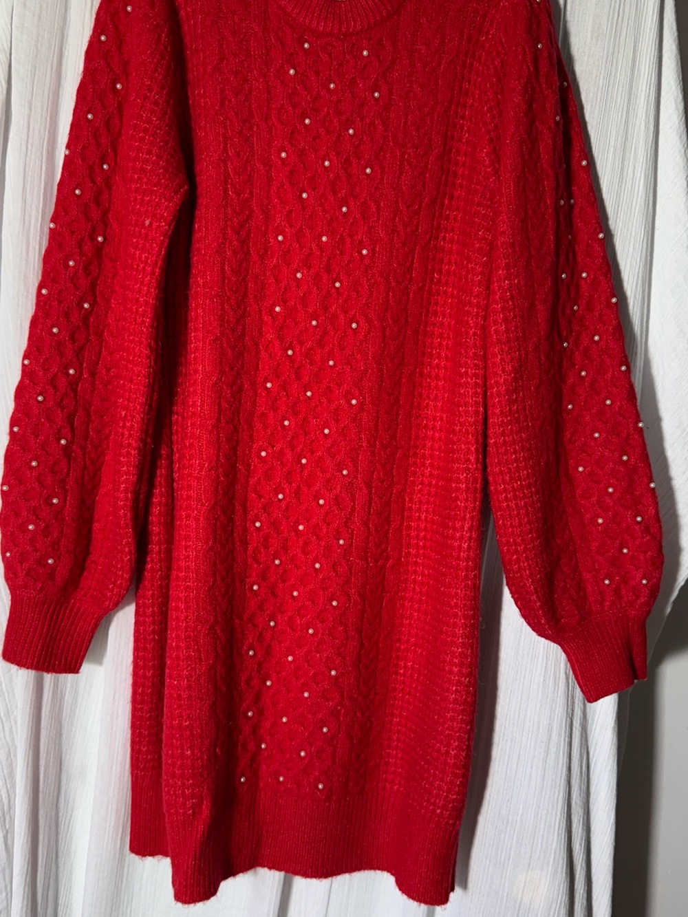 Red Cable Knit Sweater Dress with Pearl Details